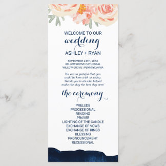 Floral Peach and Navy Watercolor Wedding Program