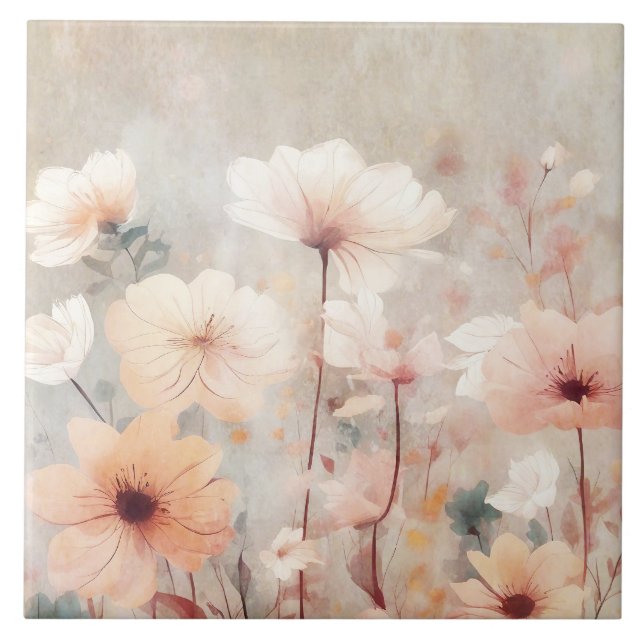 Floral Peach Beige Flowers Design 328 Ceramic Tile (Front)