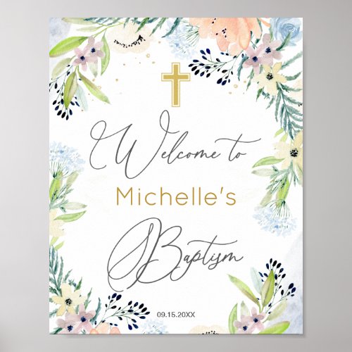 Floral Peach Blue Baby Baptism Poster
