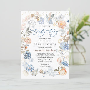 Floral Peach Blush Blue Baby Shower Invitation