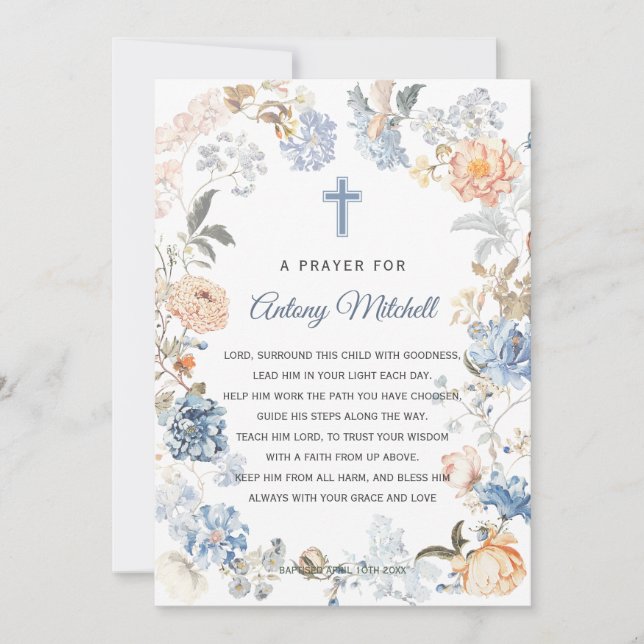 Floral Peach Blush Blue Baptism Prayer Invitation (Front)
