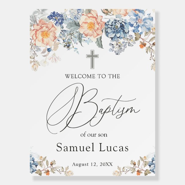 Floral Peach Blush Blue Cross Baptism Welcome Sign (Front)