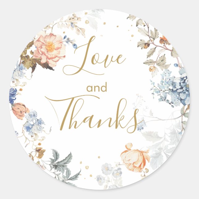 Floral Peach Blush Blue Thank You Classic Round Sticker (Front)