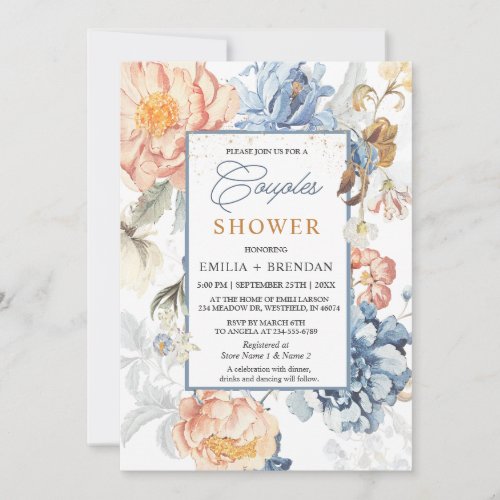 Floral Peach Blush Blue Wedding Invitation