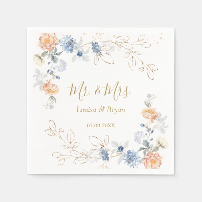 Floral Peach Blush Blue  Wedding Napkins (Front)