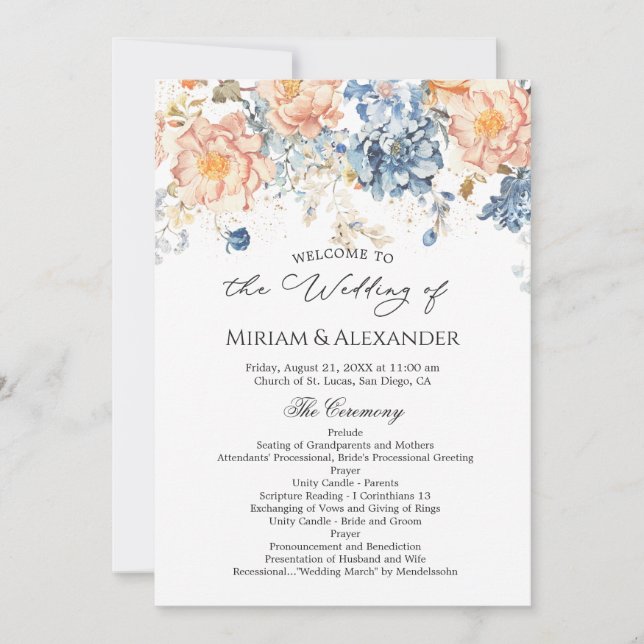 Floral Peach Blush Blue Wedding Program (Front)