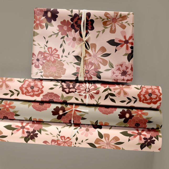 Floral Peach Botanical Decoupage Gift Wrapping Paper Sheets (Whimsical Peach Brown Floral Pattern Wrapping Paper Sheets from Studio Posies.)