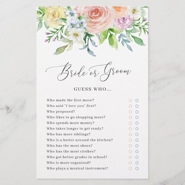 Floral Peach Bride or Groom Bridal Shower Game (Front)