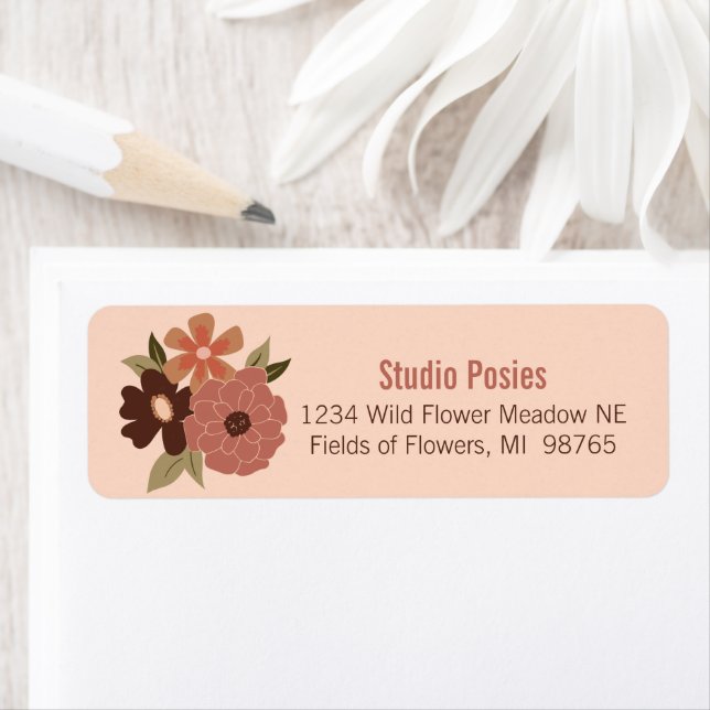 Floral Peach Brown Flower Pattern Stationery Label (Insitu)