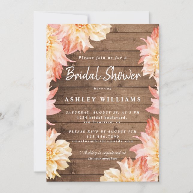 Floral Peach Dahlia Rustic Wood Bridal Shower Invitation (Front)