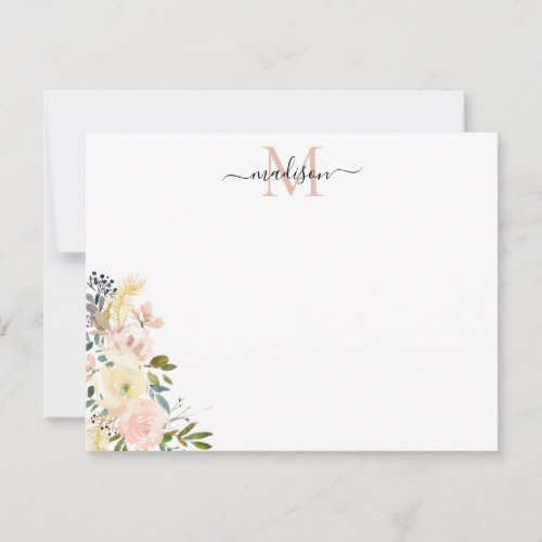 Floral Peach Dusty Pink Gold Spring Rose Monogram Note Card