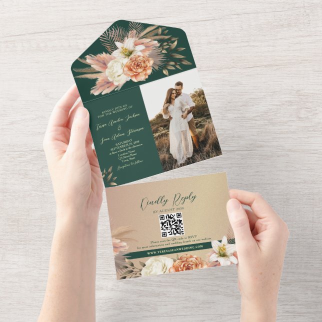 Floral Peach Emerald Green Wedding  All In One Invitation (Tearaway)