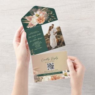 Floral Peach Emerald Green Wedding All In One Invitation
