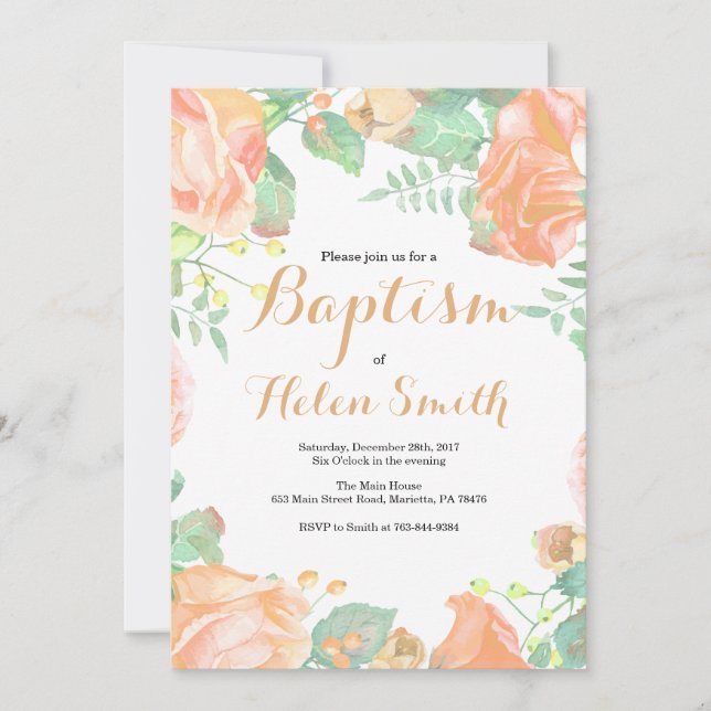 Floral Peach Ivory Baptism Invitation (Front)