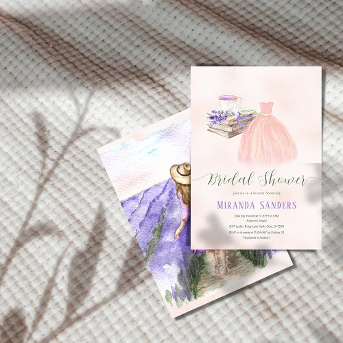 Floral Peach Lavender Dress Book Tea Brunch Bridal Invitation
