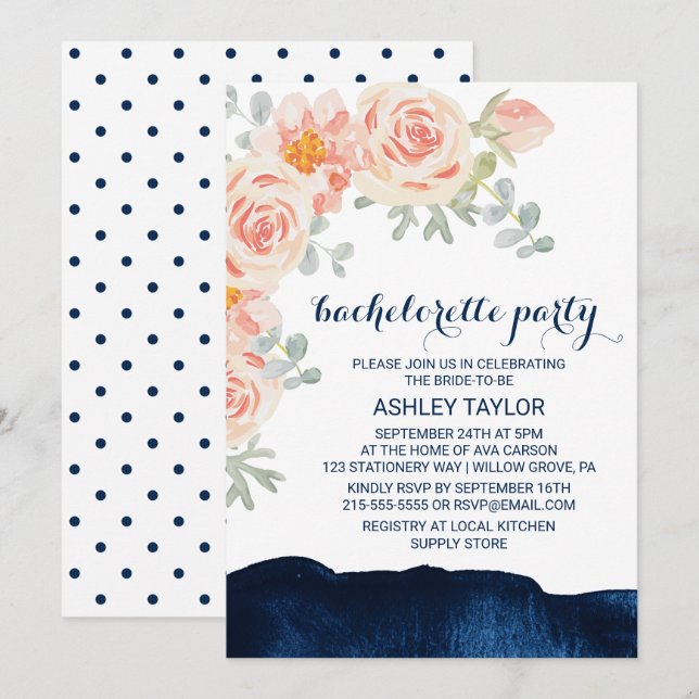 Floral Peach & Navy Watercolor Bachelorette Party Invitation (Front/Back)