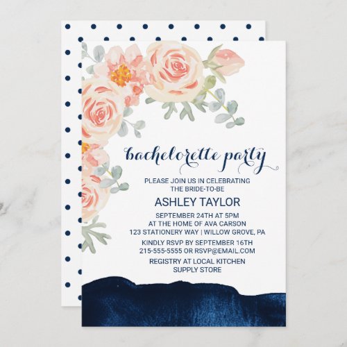 Floral Peach  Navy Watercolor Bachelorette Party Invitation