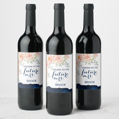 Floral Peach Pink and Navy Watercolor Future Mrs Wine Label