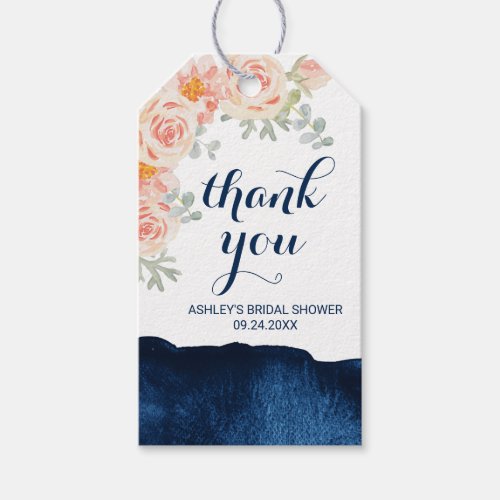Floral Peach Pink and Navy Watercolor Thank You Gift Tags