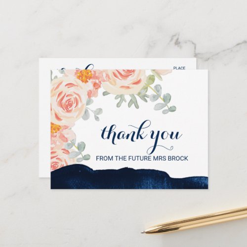 Floral Peach Pink and Navy Watercolor Thank You Postcard