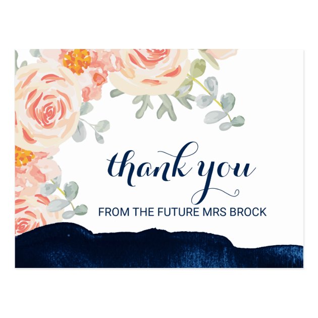 Floral Peach Pink And Navy Watercolor Thank You Postcard