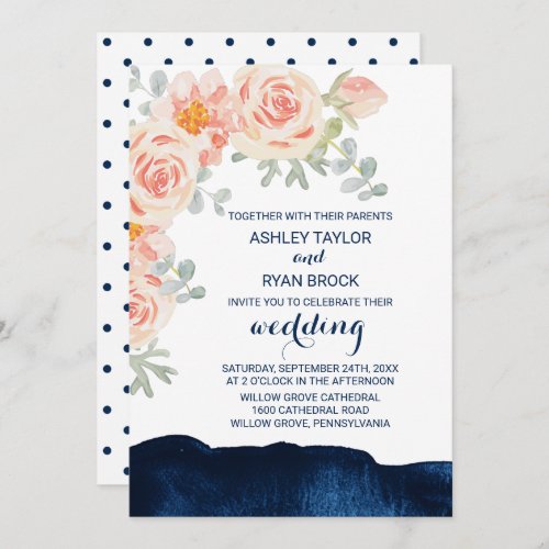 Floral Peach Pink and Navy Watercolor Wedding Invitation