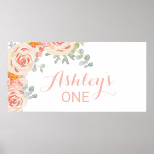Floral Peach Pink Baby's 1st Birthday Banner Sign