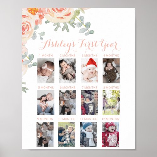 Floral Peach Pink Babys First Year Photo Sign