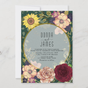 Floral Peach Pink Emerald Green Wedding Invitation