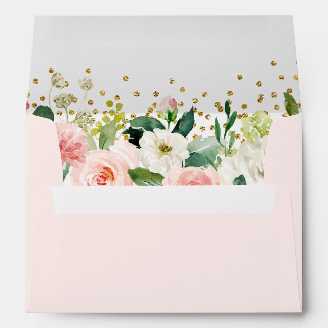 Floral Peach Pink Gold Confetti Bridal Shower Envelope (Back (Bottom))