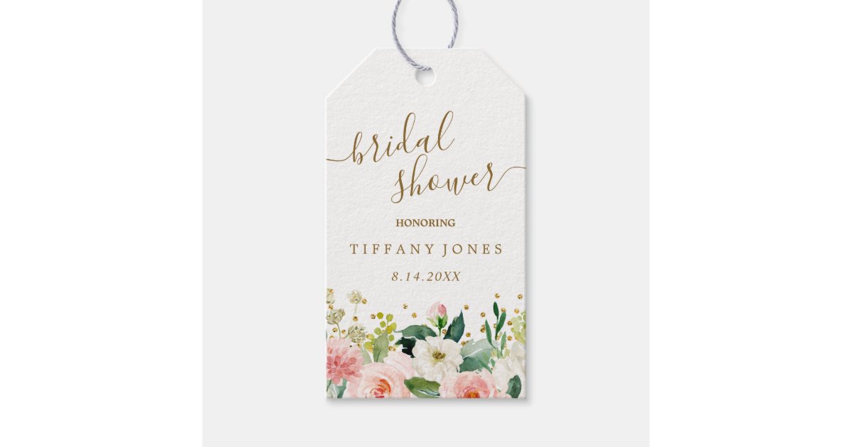 Floral Peach Pink Gold Confetti Bridal Shower Gift Tags | Zazzle