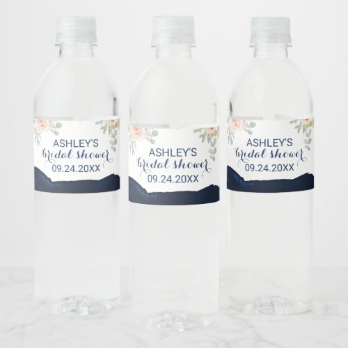 Floral Peach Pink  Navy Watercolor Bridal Shower Water Bottle Label
