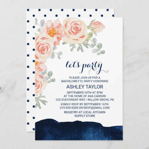 Floral Peach Pink  Navy Watercolor Lets Party Invitation