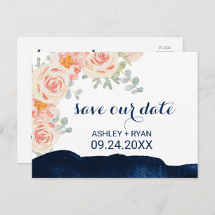Floral Peach Pink & Navy Watercolor Save the Date Announcement Postcard