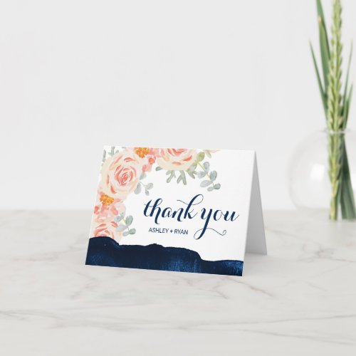 Floral Peach Pink  Navy Watercolor Thank You Card