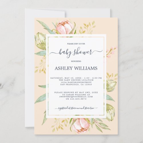 Floral Peach Pink Peony Rustic Boho Baby Shower Invitation