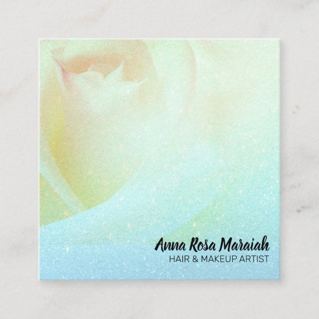 *~* Floral Peach Rose Glitter Aqua Business Card (Front)