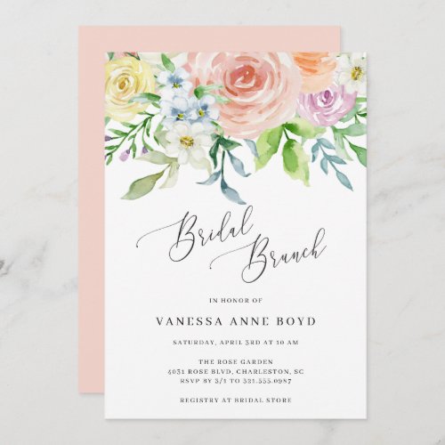 Floral Peach Watercolor Flowers Bridal Brunch Invitation