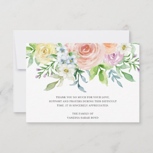 Floral Peach Watercolor Flowers Funeral Sympathy Thank You Card
