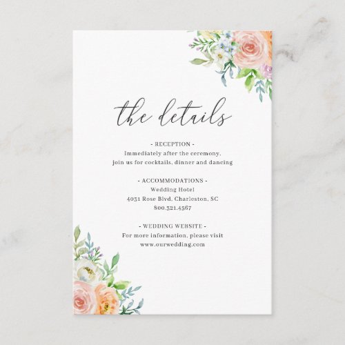 Floral Peach Watercolor Flowers Wedding Details Enclosure Card