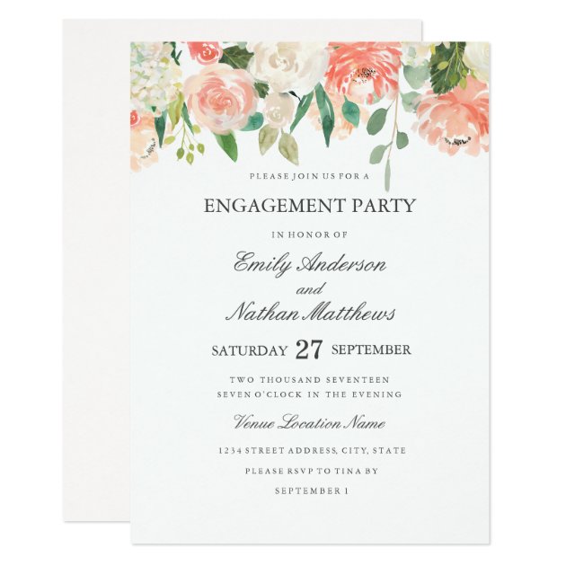 Floral Peach Watercolor Wedding Engagement Party Invitation