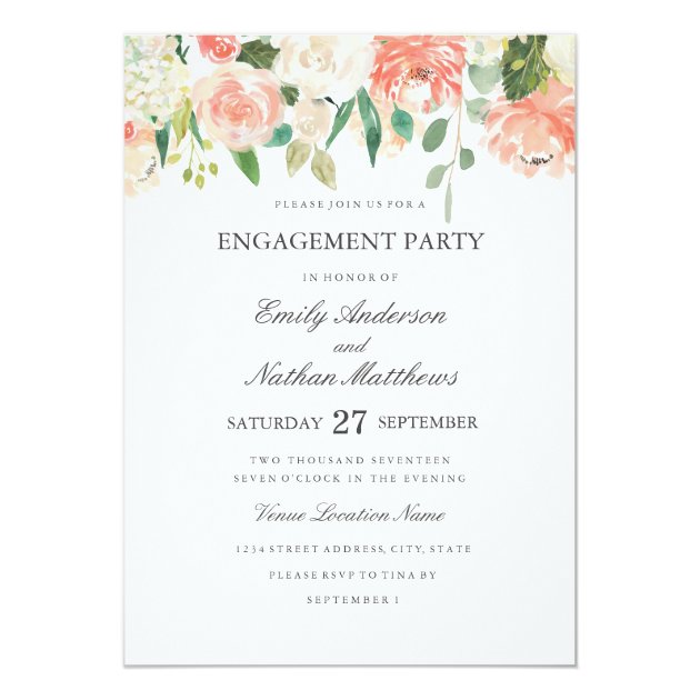Floral Peach Watercolor Wedding Engagement Party Invitation