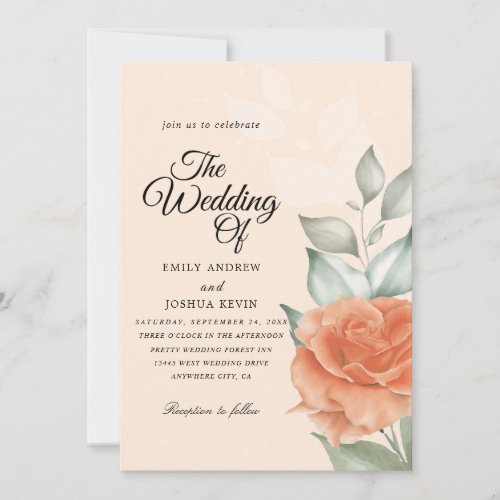 Floral peach Watercolor Wedding  Invitation