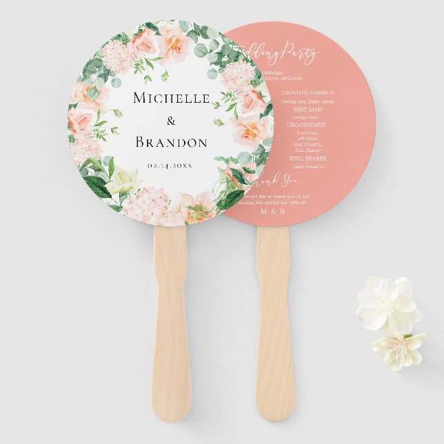 floral peach + wedding foliage hand fan (Front and Back)