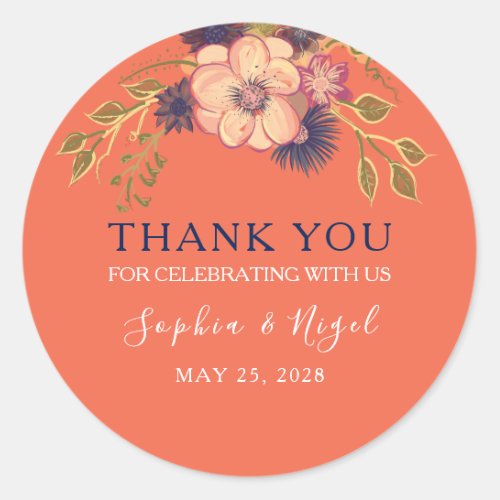 Floral Peach Wedding Thank You Classic Round Sticker