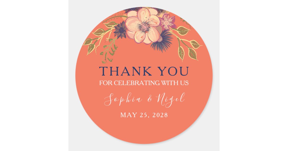 Floral Peach Wedding Thank You Classic Round Sticker | Zazzle