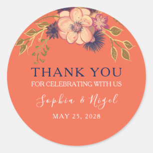 Floral Peach Wedding Thank You Classic Round Sticker