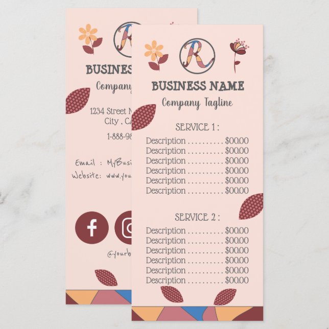 Floral Peachy Pink Business Menu Price List (Front/Back)