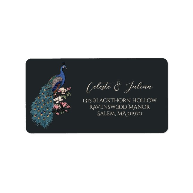 Floral Peacock Black Return Address Label (Front)