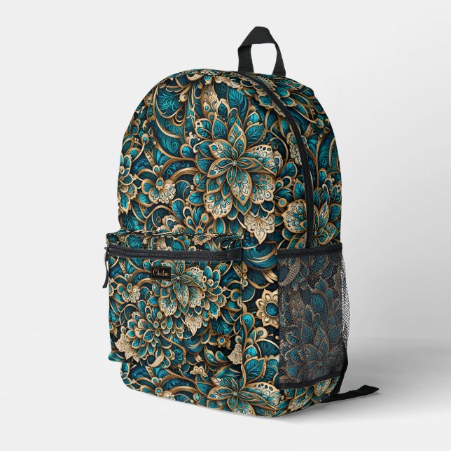 Floral Peacock Blue Mandala Printed Backpack (Back Corner Right)